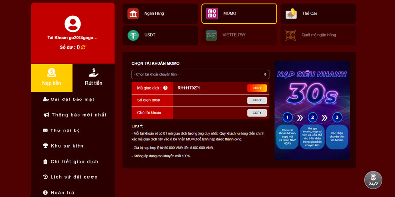 Nạp tiền siêu tốc chỉ trong 30s cùng Momo